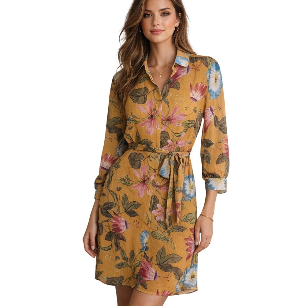 Ann Taylor Morning Glory Chiffon Shirt Dress Marigold Floral Belted Midi‎